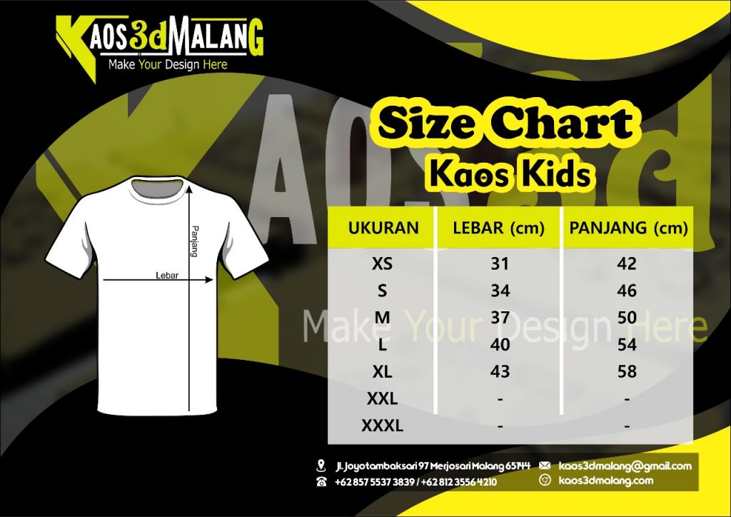 Size Chart atau Jenis Ukuran Kaos Kids